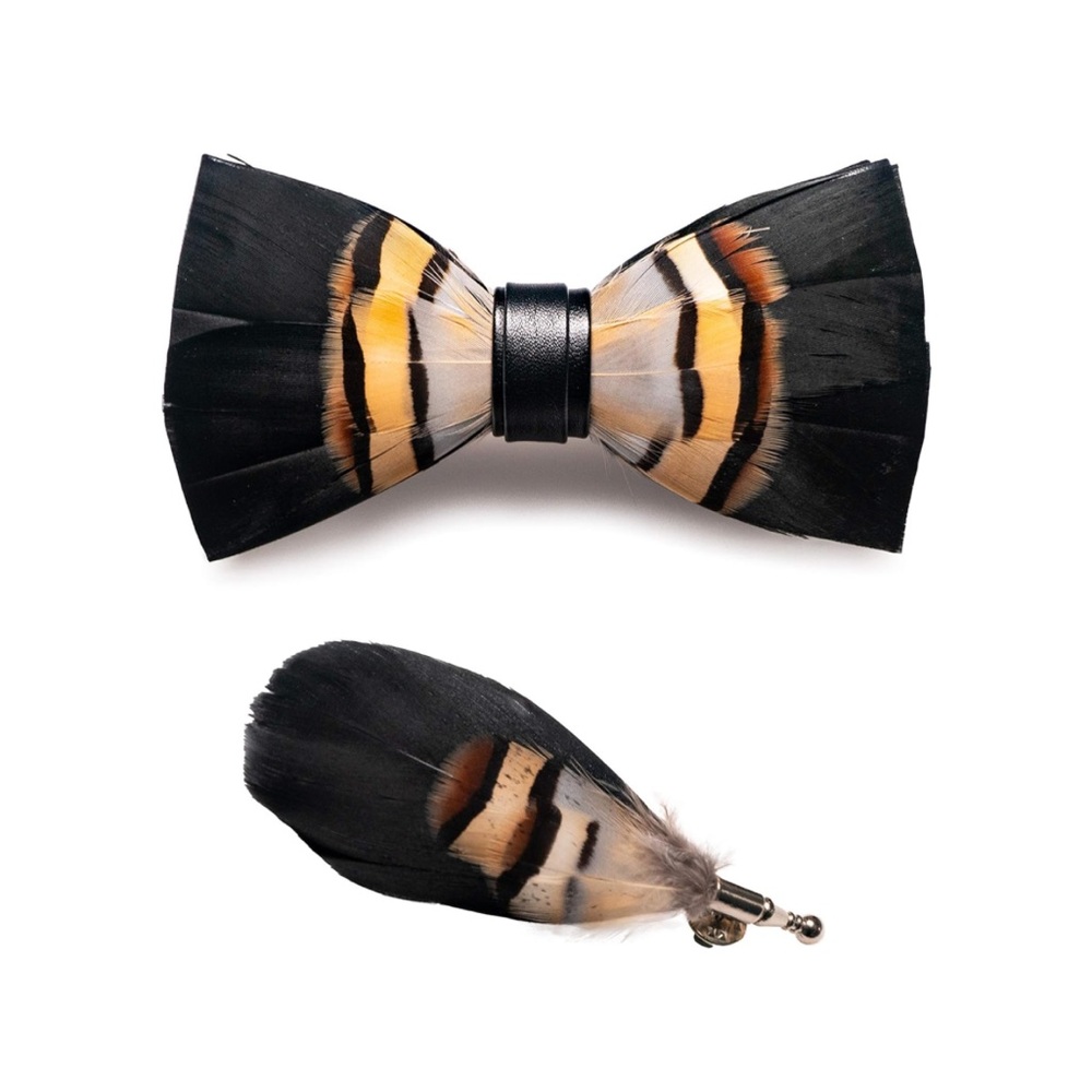 Men’s Novelty Feather Pre Tied Bow Tie and matching lapel Gift box set black